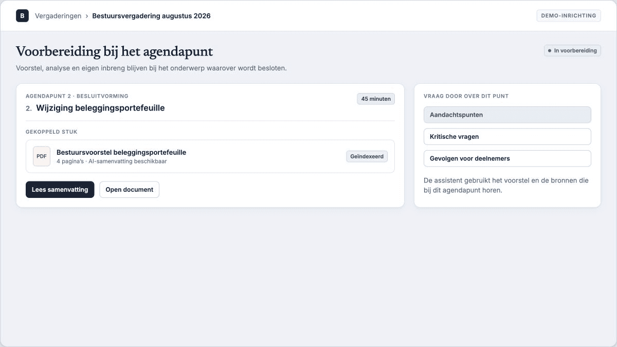 Agendapunt met voorstel, samenvatting en verdiepingsvragen.